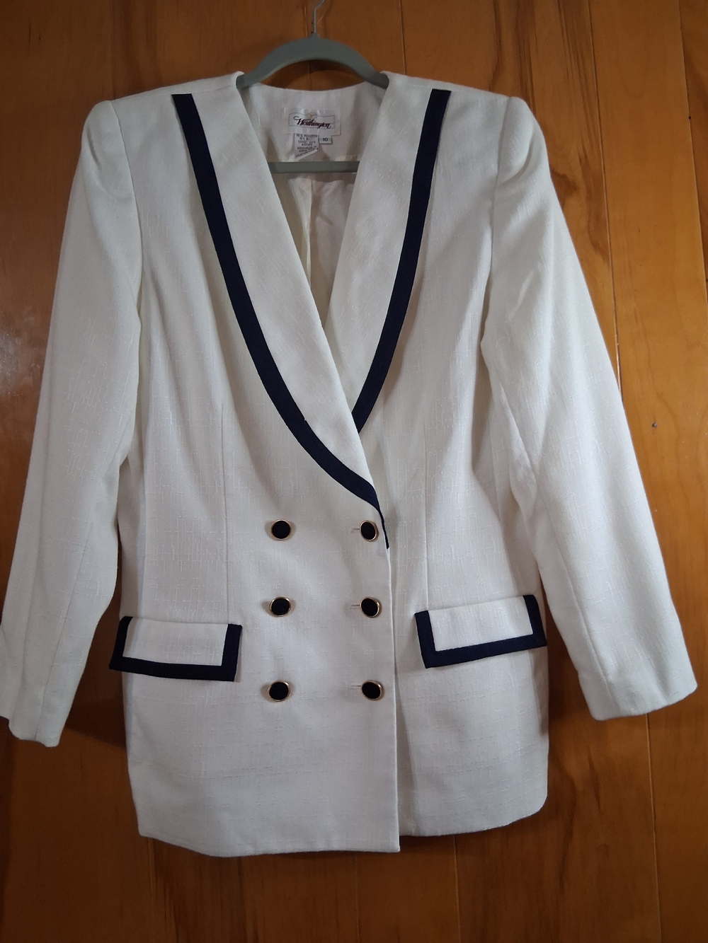 Vintage Worthington White Double Breasted Blazer Jacket Navy Trim Size 10